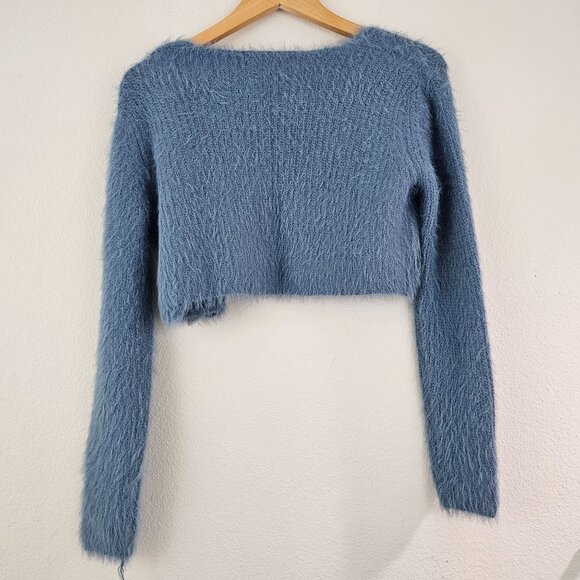 Zara Sz S Soft Fuzzy Cropped Cardigan Open Front Ice Blue Long Sleeve Soft Cozy - Picture 5 of 6